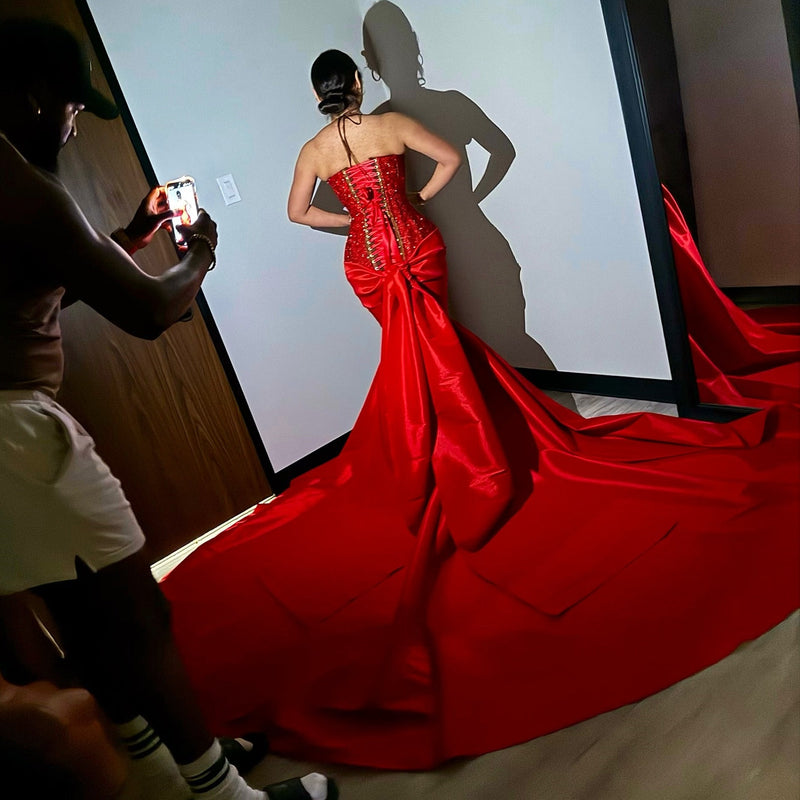 Sexy Red Sweetheart Mermaid Lace Up Sequins Prom Dress-Ballbella