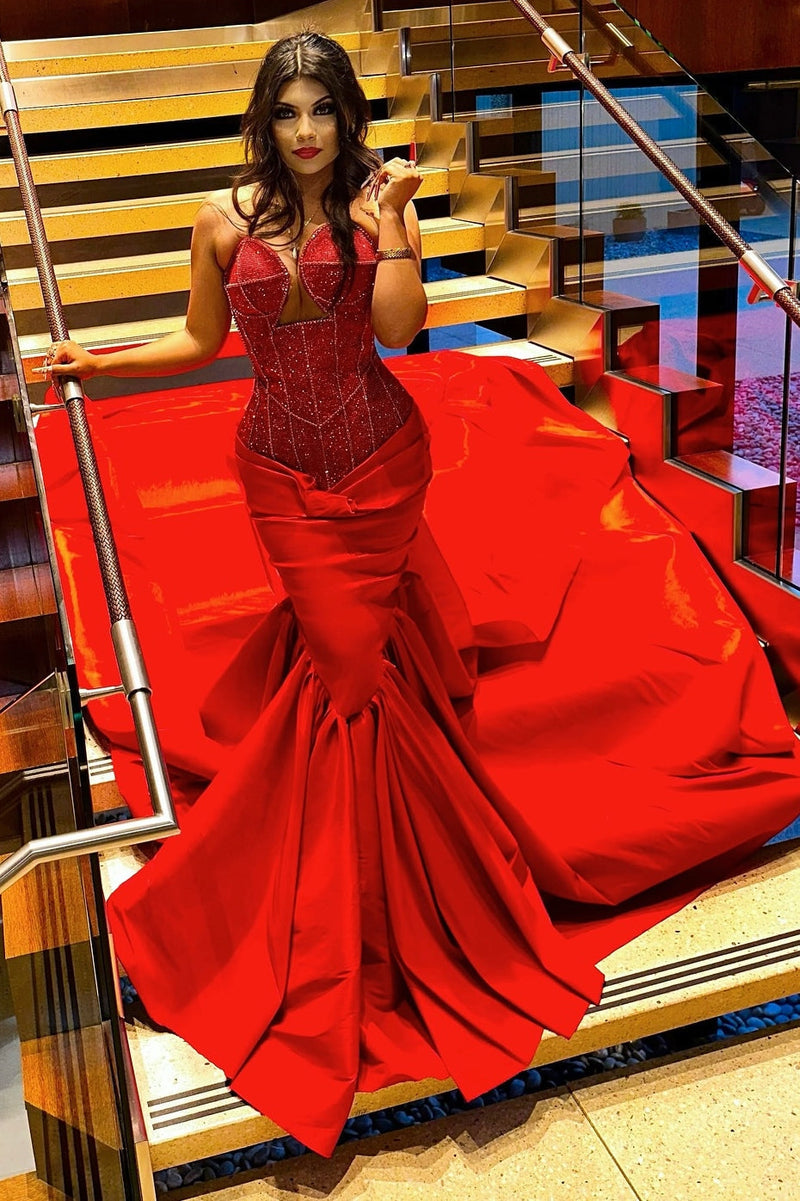 Sexy Red Sweetheart Mermaid Lace Up Sequins Prom Dress-Ballbella
