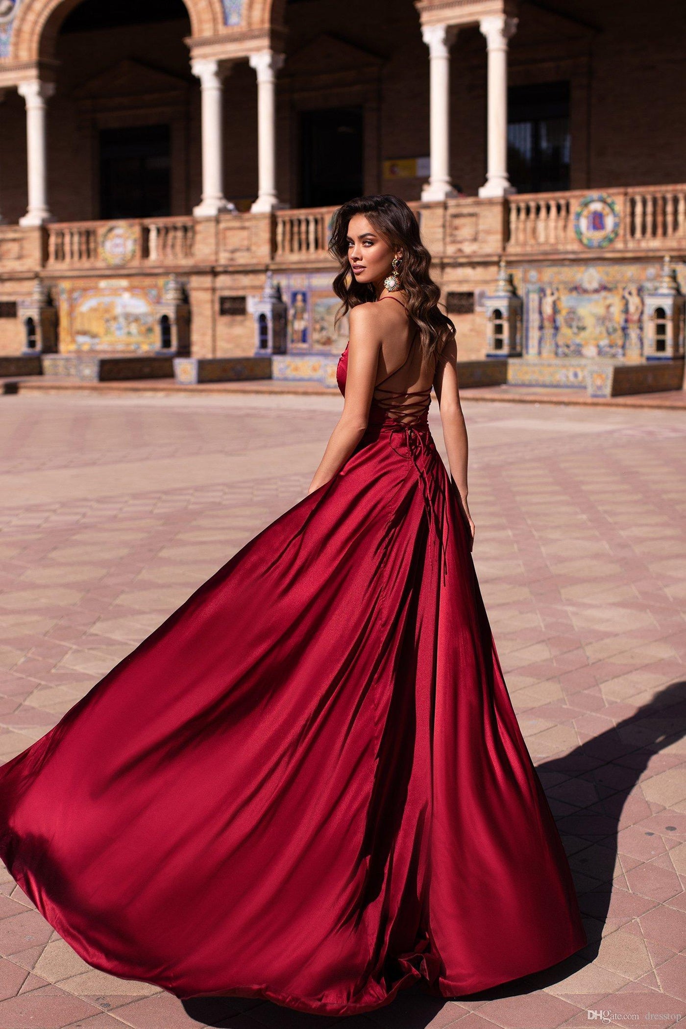 strapless open back dress Sexy Red V-neck Spaghetti Straps Prom Dress Long – Ballbella