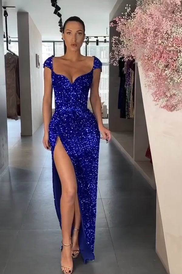 Sexy Royal Blue Sequins Cap Sleeve Prom Dress Split-Ballbella