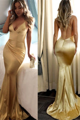 Sexy Spaghetti Straps Backless Mermaid Prom Dress Sequins V-Neck Chiffon Gold Long-Ballbella
