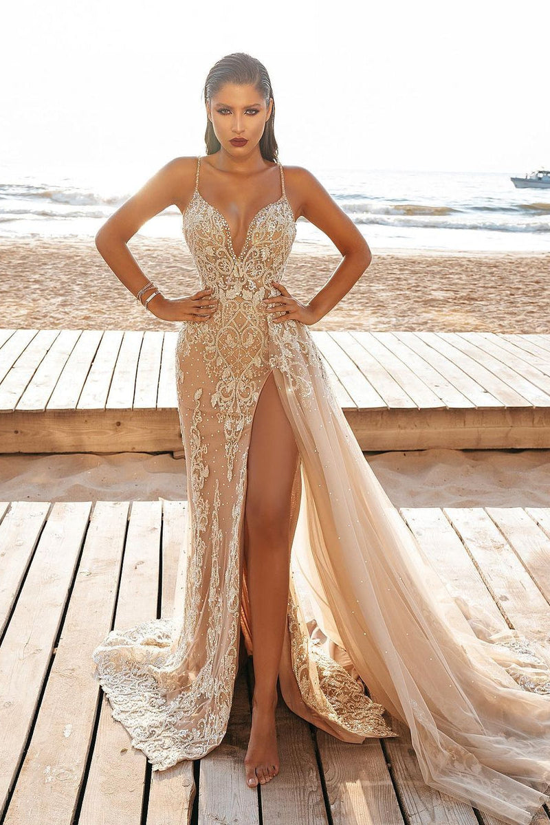 Sexy Spaghetti-Straps Mermaid Lace Evening Gowns with Slit Sexy Spaghetti-Straps Mermaid Lace Evening Gowns with Slit