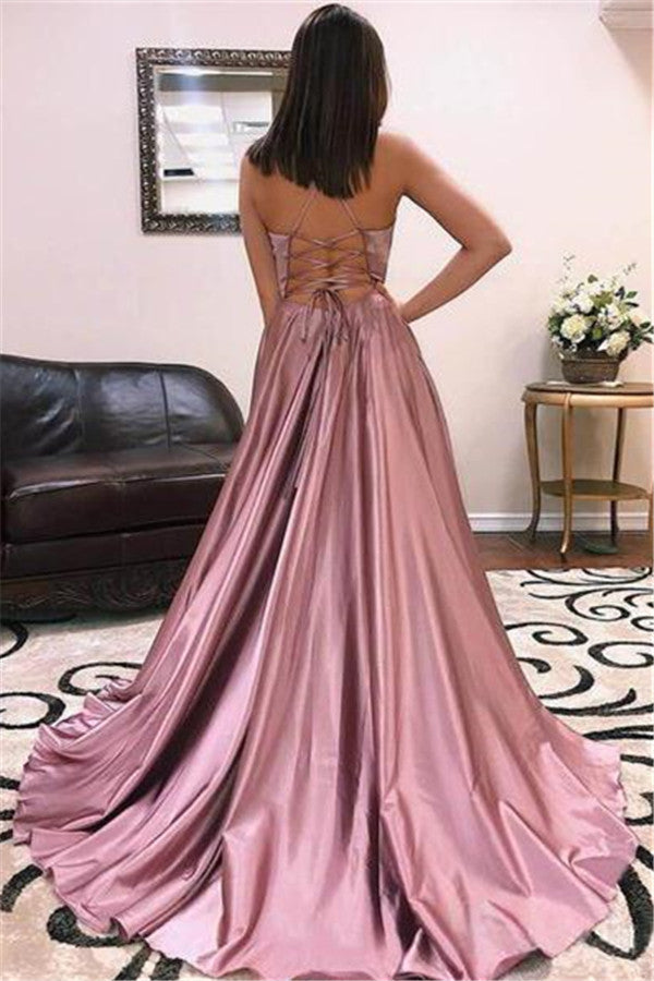 Sexy Spaghetti Straps Pink Prom Dress Long With Split-Ballbella