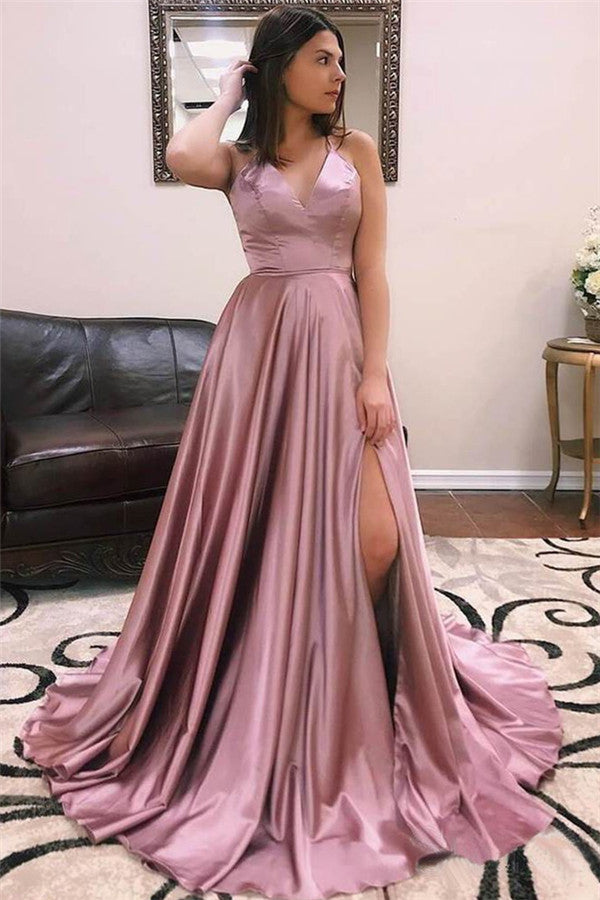 Sexy Spaghetti Straps Pink Prom Dress Long With Split-Ballbella