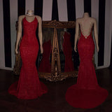 Sexy Spaghetti Straps Red Mermaid Prom Dress Sequins Chiffon Long-Ballbella