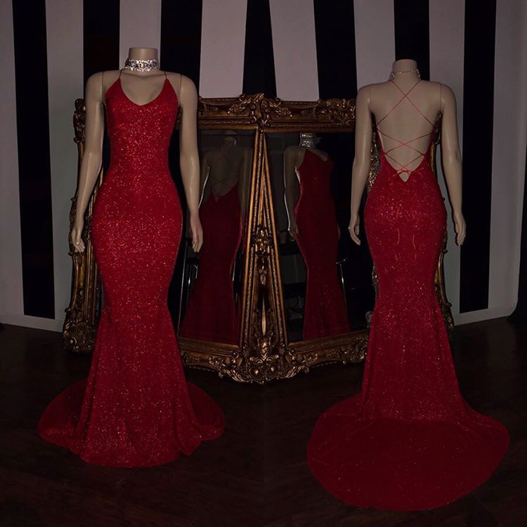 Sexy Spaghetti Straps Red Mermaid Prom Dress Sequins Chiffon Long-Ballbella