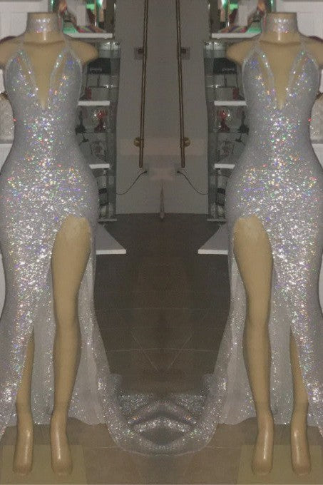 Sexy Spaghetti Straps Silvery Mermaid Prom Dress Sequins Chiffon Long With Split-Ballbella