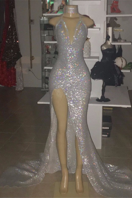 Sexy Spaghetti Straps Silvery Mermaid Prom Dress Sequins Chiffon Long With Split-Ballbella