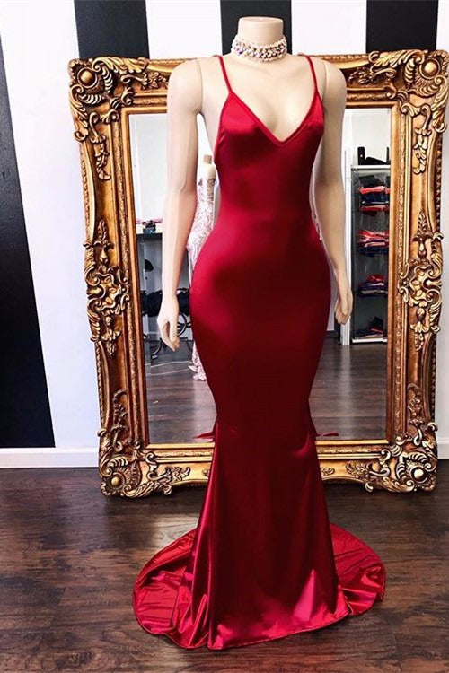 Sexy Spaghetti Straps V-Neck Mermaid Prom Dress Red Long Chiffon-Ballbella