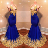Sexy Spaghetti Straps V-Neck Mermaid Prom Dress Sequins Blue Long Chiffon-Ballbella