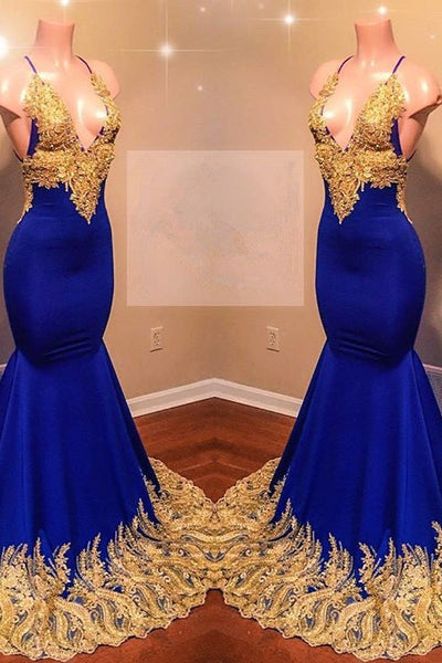 Sexy Spaghetti Straps V-Neck Mermaid Prom Dress Sequins Blue Long Chiffon