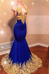 Sexy Spaghetti Straps V-Neck Mermaid Prom Dress Sequins Blue Long Chiffon-Ballbella