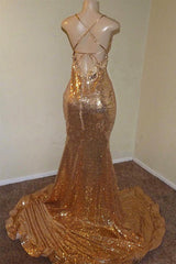 Sexy Spaghetti Straps V-Neck Mermaid Prom Dress Sequins Long Chiffon Gold With Split-Ballbella