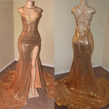Sexy Spaghetti Straps V-Neck Mermaid Prom Dress Sequins Long Chiffon Gold With Split-Ballbella