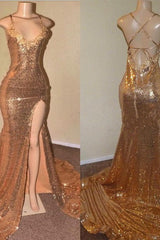 Sexy Spaghetti Straps V-Neck Mermaid Prom Dress Sequins Long Chiffon Gold With Split-Ballbella