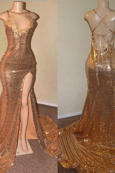Sexy Spaghetti Straps V-Neck Mermaid Prom Dress Sequins Long Chiffon Gold with Split Sexy Spaghetti Straps V-Neck Mermaid Prom Dress Sequins Long Chiffon Gold with Split