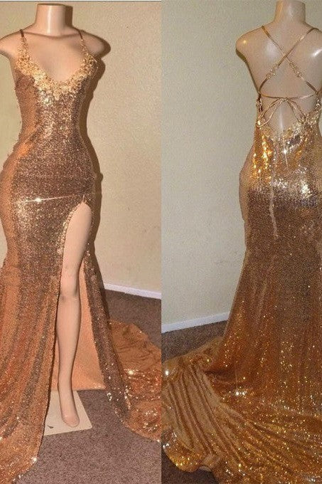 Sexy Spaghetti Straps V-Neck Mermaid Prom Dress Sequins Long Chiffon Gold With Split-Ballbella