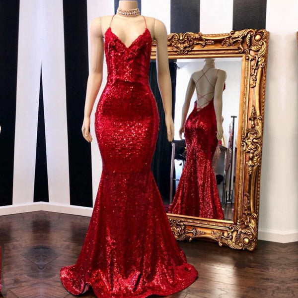 Sexy Spaghetti Straps V-Neck Mermaid Prom Dress Sequins Red Long-Ballbella