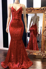 Sexy Spaghetti Straps V-Neck Mermaid Prom Dress Sequins Red Long-Ballbella