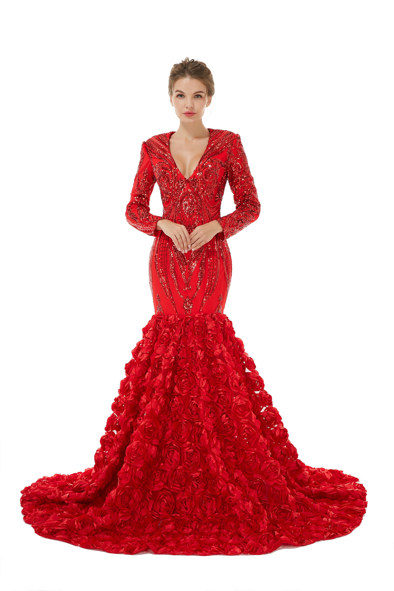 Sexy Sparkle Red Long sleeves V-neck Flowers Prom Dress | Ballbella Real Shooting, Red / US2 Sexy Sparkle Red Long sleeves V-neck Flowers Prom Dress | Ballbella Real Shooting, Red / US2