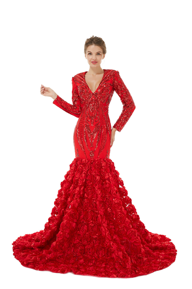 red flower prom dress Sexy Sparkle Red Long sleeves V-neck Flowers Prom Dress