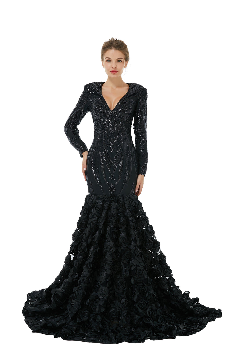 Sexy Sparkle Red Long sleeves V-neck Flowers Prom Dress | Ballbella Real Shooting-Ballbella