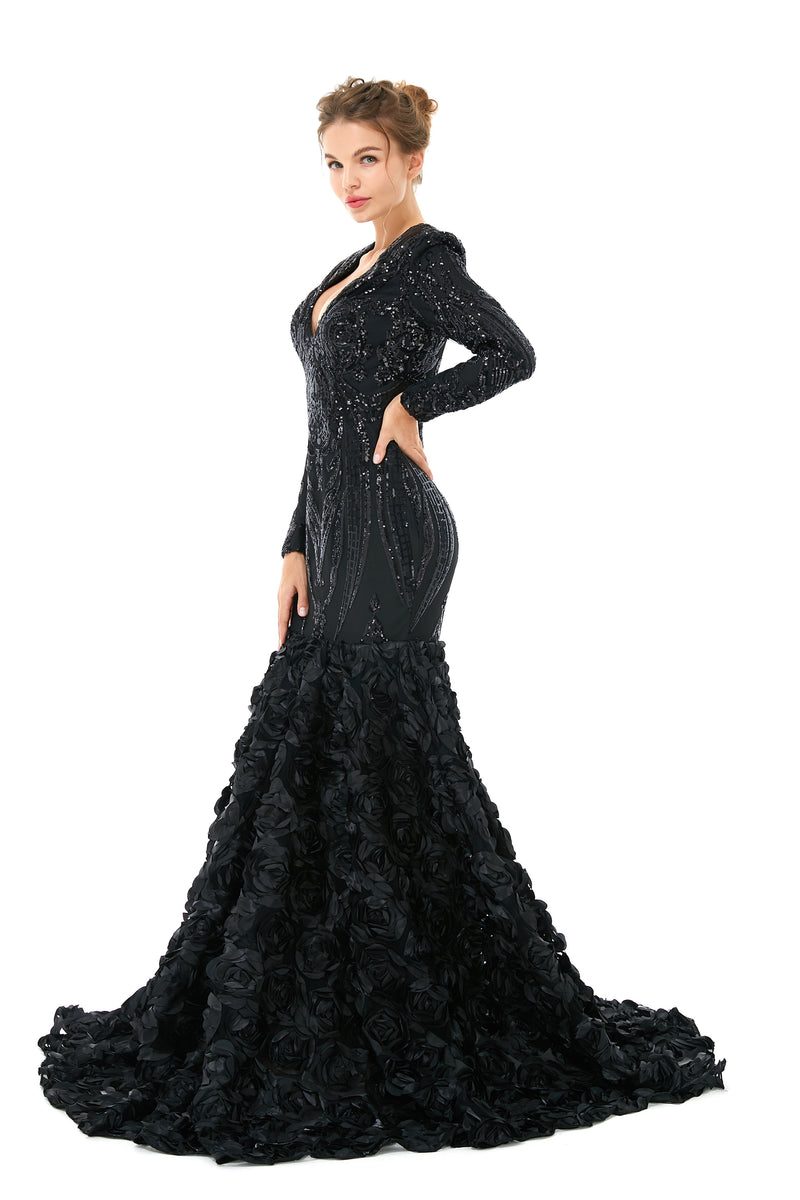 Sexy Sparkle Red Long sleeves V-neck Flowers Prom Dress | Ballbella Real Shooting-Ballbella