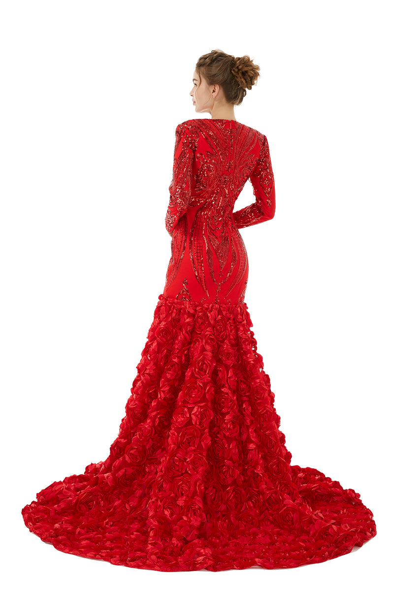 Sexy Sparkle Red Long sleeves V-neck Flowers Prom Dress | Ballbella Real Shooting-Ballbella