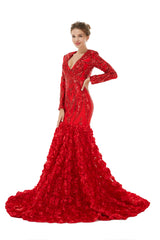 Sexy Sparkle Red Long sleeves V-neck Flowers Prom Dress | Ballbella Real Shooting-Ballbella
