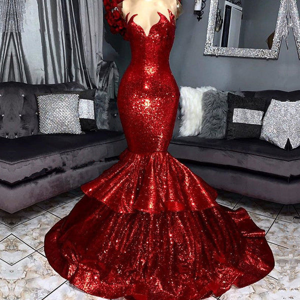 Sexy Strapless Mermaid Red Prom Dress Sequins Long-Ballbella