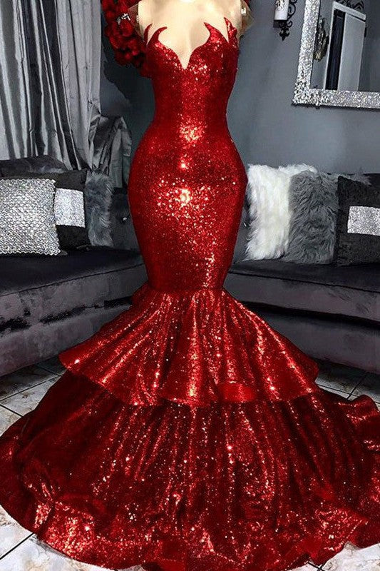 Sexy Strapless Mermaid Red Prom Dress Sequins Long-Ballbella