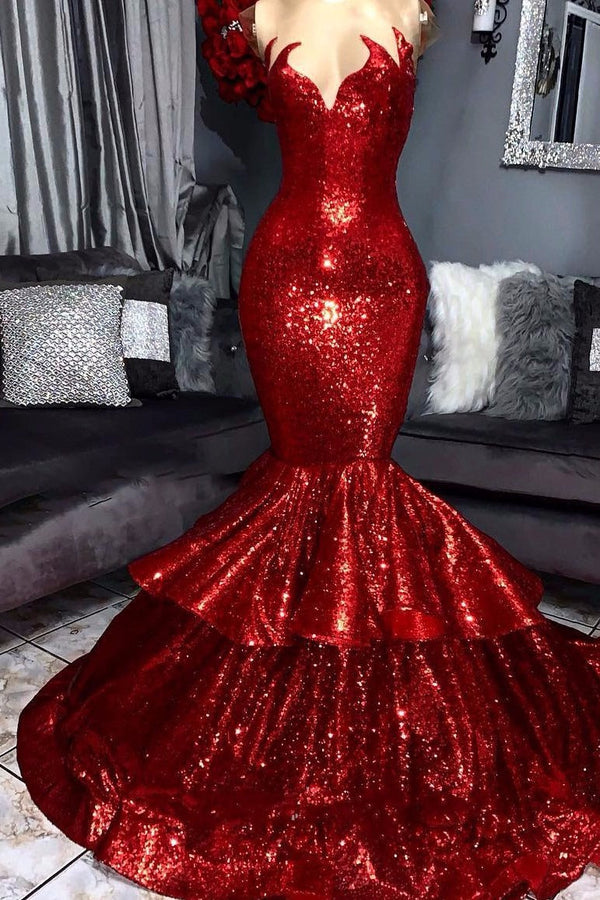 Sexy Strapless Mermaid Red Prom Dress Sequins Long-Ballbella