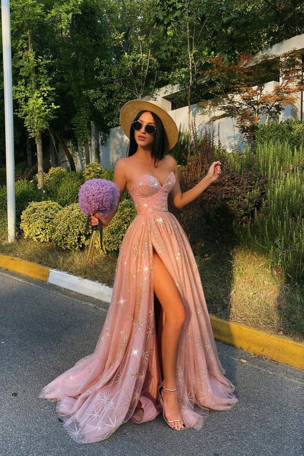 Sexy Sweetheart Pink Tulle Prom Dress Sequins Long-Ballbella