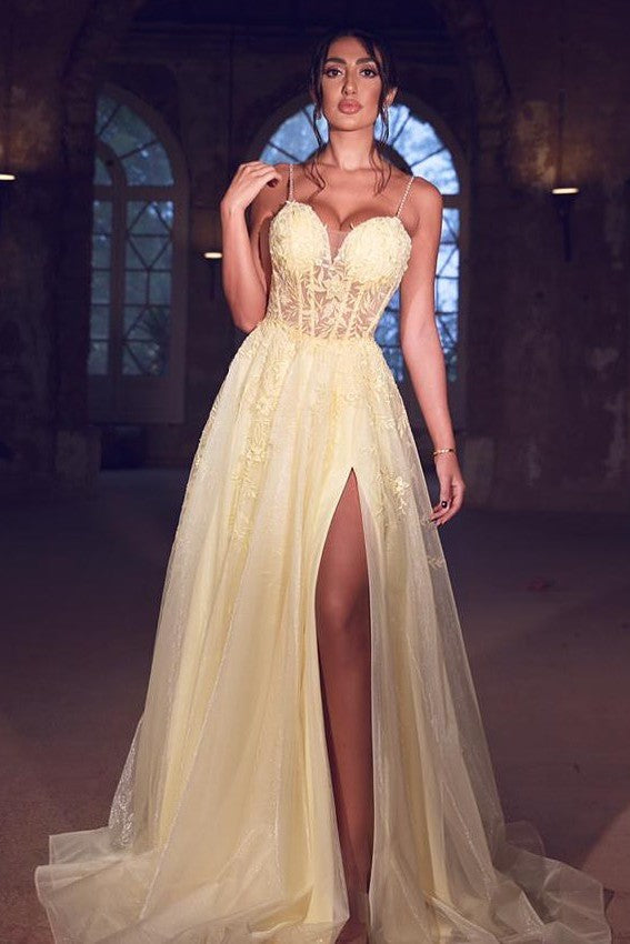 Sexy Tulle Spaghetti Straps Yellow Prom Dress Lace Long With Split-Ballbella