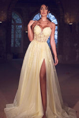 Sexy Tulle Spaghetti Straps Yellow Prom Dress Lace Long With Split-Ballbella