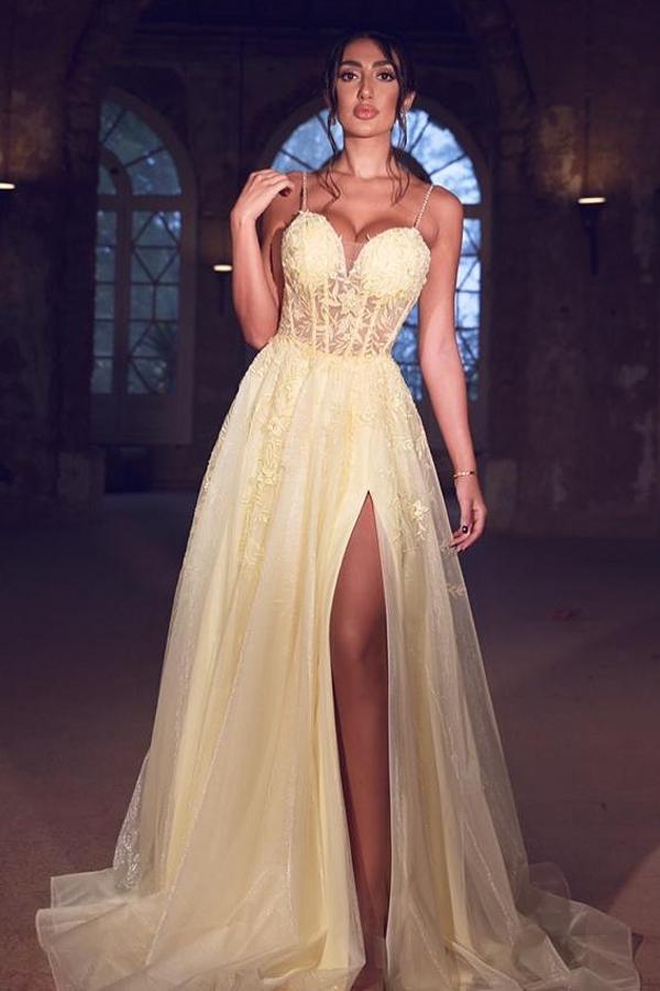 Sexy Tulle Spaghetti Straps Yellow Prom Dress Lace Long With Split-Ballbella