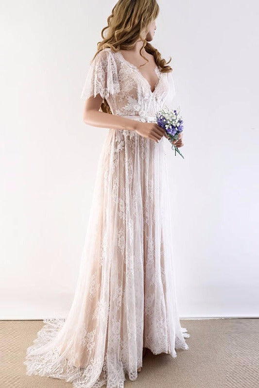 Sexy Tulle V-neck Short Sleeves Wedding Dress Lace Long-Ballbella