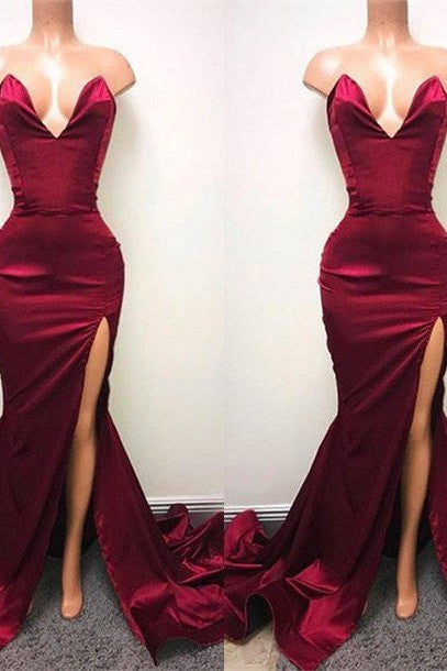 Sexy V-neck Chiffon Mermaid Prom Dress Long With Split Burgundy-Ballbella
