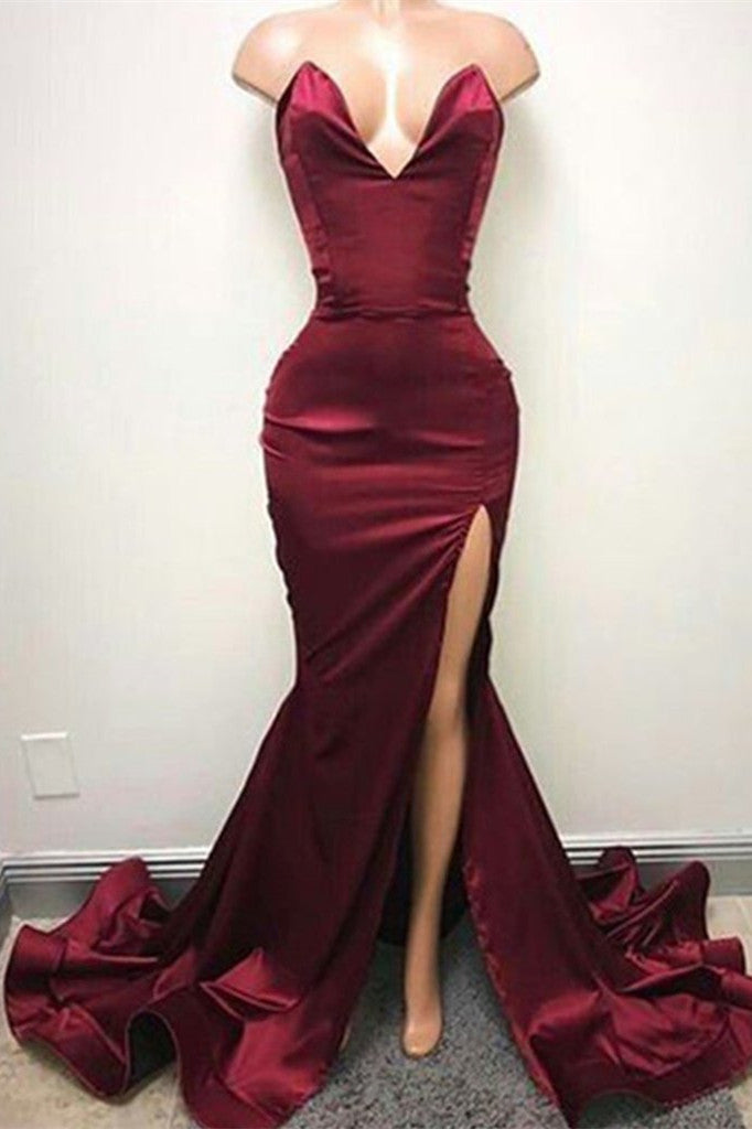 Sexy V-neck Chiffon Mermaid Prom Dress Long With Split Burgundy-Ballbella