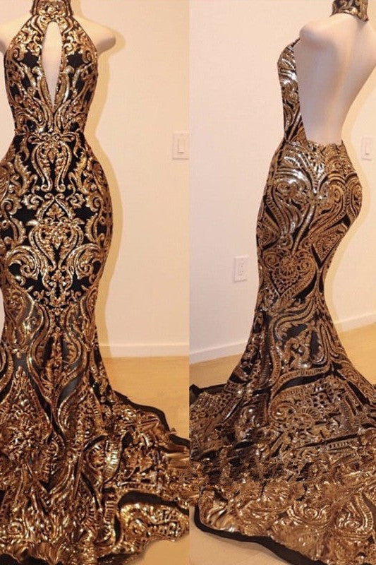 Sexy V-neck Halter Backless Mermaid Prom Dress Gold Sequins Long Backless-Ballbella