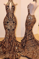 Sexy V-neck Halter Backless Mermaid Prom Dress Gold Sequins Long Backless-Ballbella