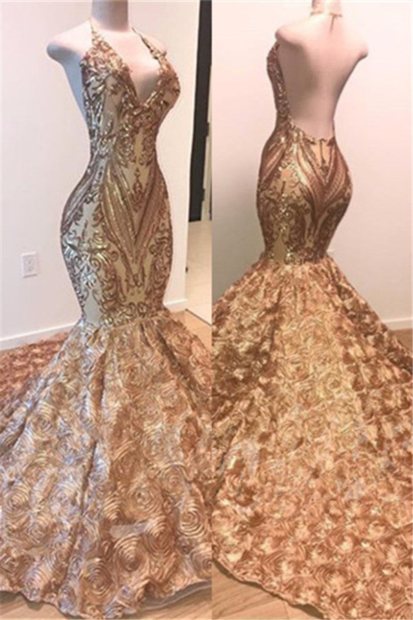 Sexy V-Neck Halter Gold Mermaid Prom Dress Sequins Backless Long-Ballbella