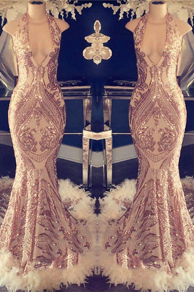 Sexy V-neck Halter Mermaid Prom Dress Gold Sequins Long Backless Sexy V-neck Halter Mermaid Prom Dress Gold Sequins Long Backless