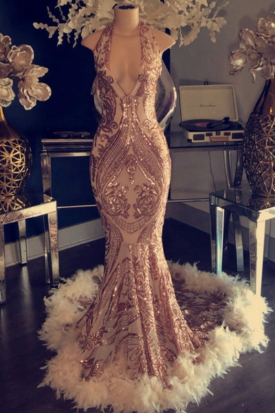 Sexy V-neck Halter Mermaid Prom Dress Gold Sequins Long Backless Sexy V-neck Halter Mermaid Prom Dress Gold Sequins Long Backless