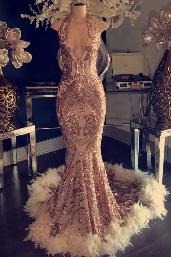 Sexy V-neck Halter Mermaid Prom Dress Gold Sequins Long Backless-Ballbella