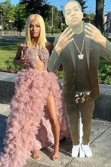 Sexy V-neck Pink Organza Prom Dress Sequins Long With Split-Ballbella