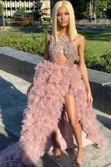 Sexy V-neck Pink Organza Prom Dress Sequins Long With Split-Ballbella