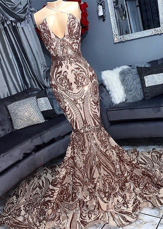 Ballbella offers V-neck Sequins Sleeveless Mermaid Floor Length Prom Dresses at a cheap price with Sequined to Mermaid hem. Gorgeous yet affordable Sleeveless Real model dresses.