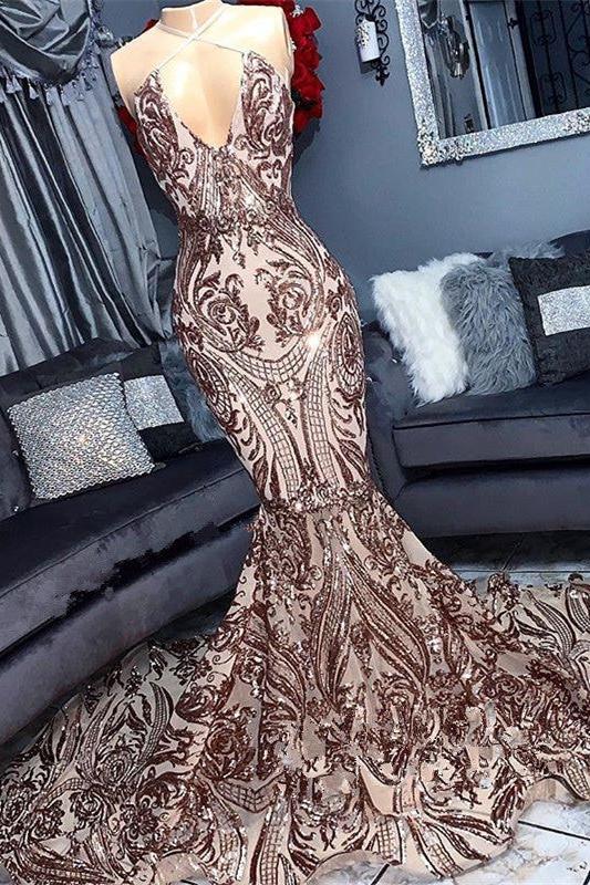Sexy V-neck Sequins Sleeveless Mermaid Floor Length Prom Dresses-Ballbella