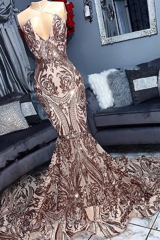 Sexy V-neck Sequins Sleeveless Mermaid Floor Length Prom Dresses-Ballbella